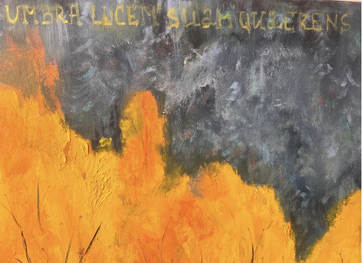Latin inscription — detail of Golden Autumn. The Shadow That Seeks the Light by Marina Stognieva